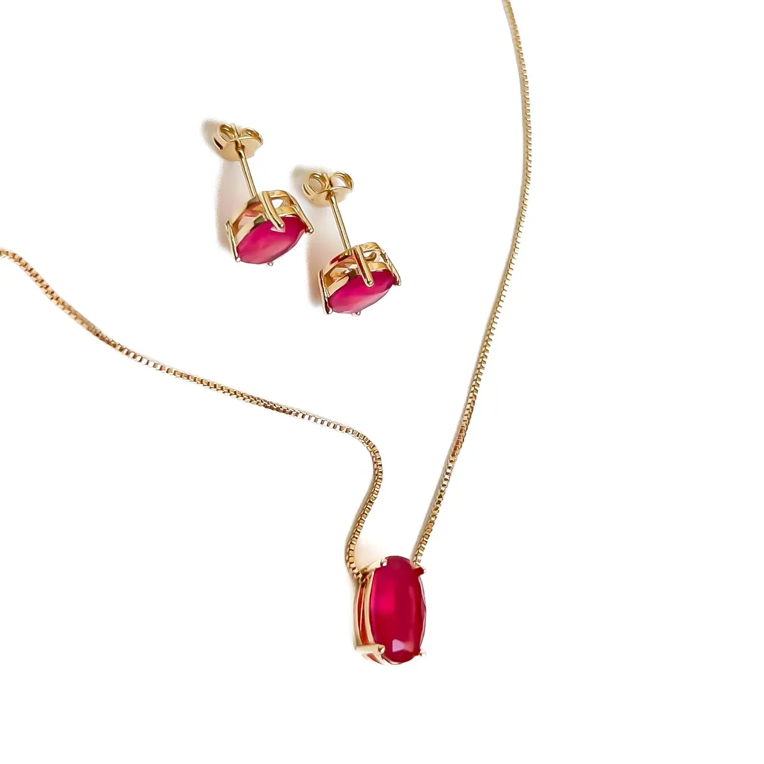 CONJUNTO OVAL PEDRA CRISTAL ROSA BANHADO A OURO 18K 42CM