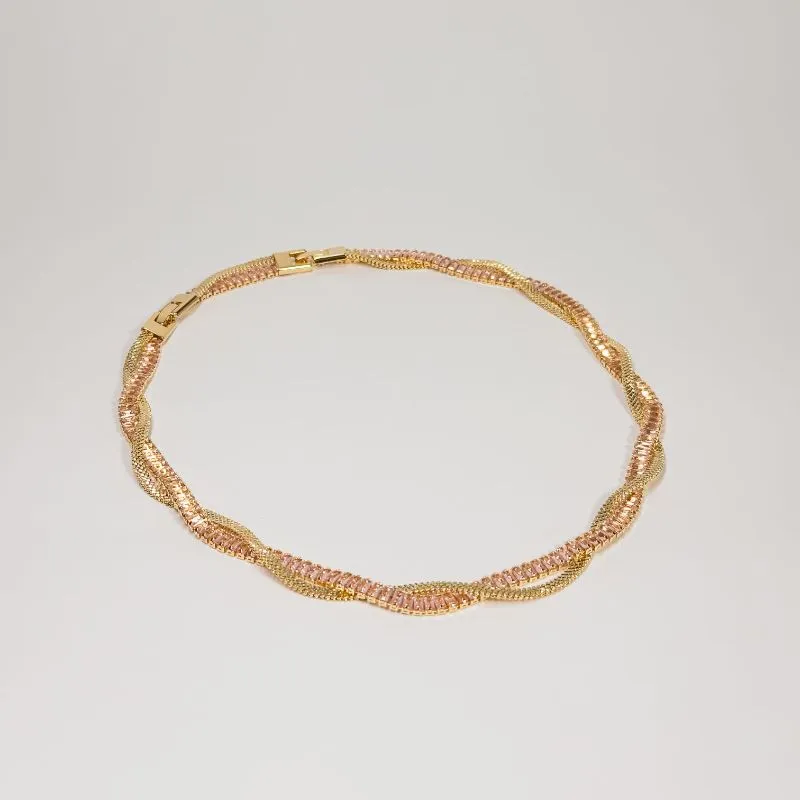 Choker riviera baguete malha dupla palitos diamantados rosa claro banhado a ouro 18k ajustável acompanha extensor 42 cm