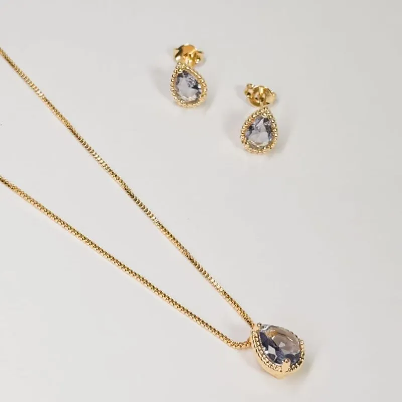 Conjunto cor ametista gota com detalhes de mini esfera ao lado banhado a ouro 18k ajustável 50 cm