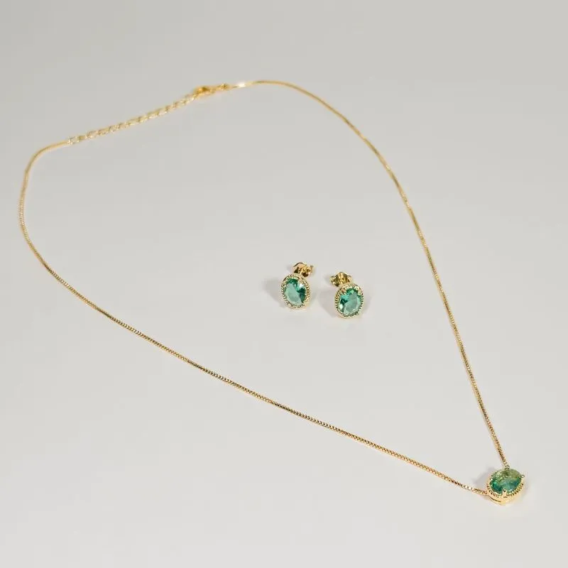 Conjunto Cristal verde Paraíba banhado a ouro 18k ajustável 50cm