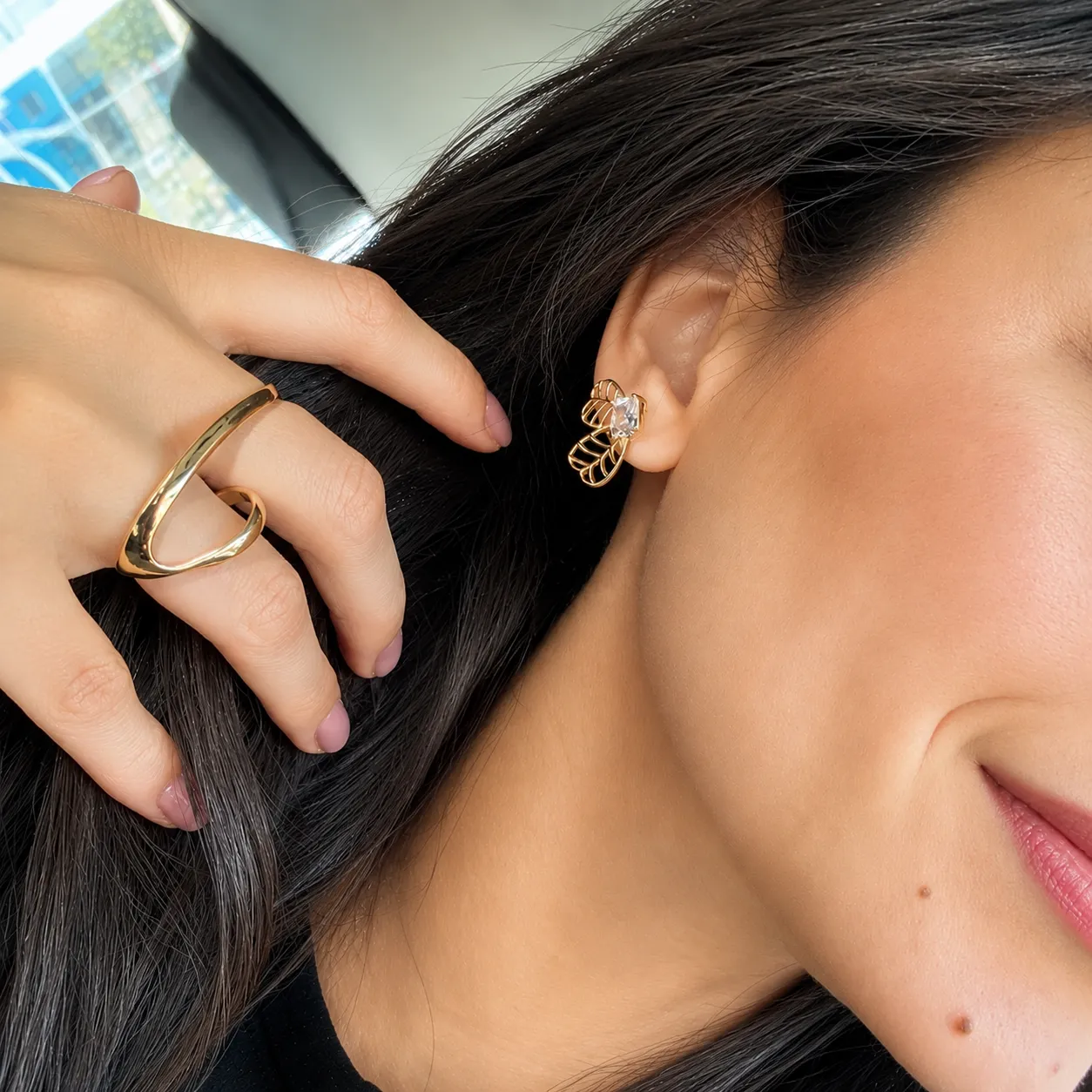 Anel onda dourada banhado a ouro 18K ajustável personalize como usar