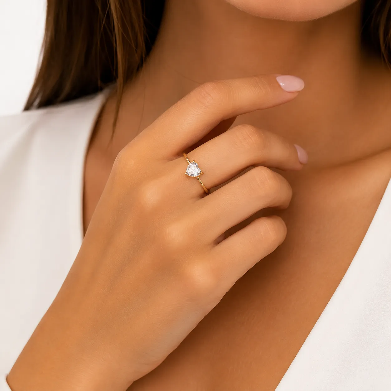 Anel coração de cristal banhado a ouro 18K