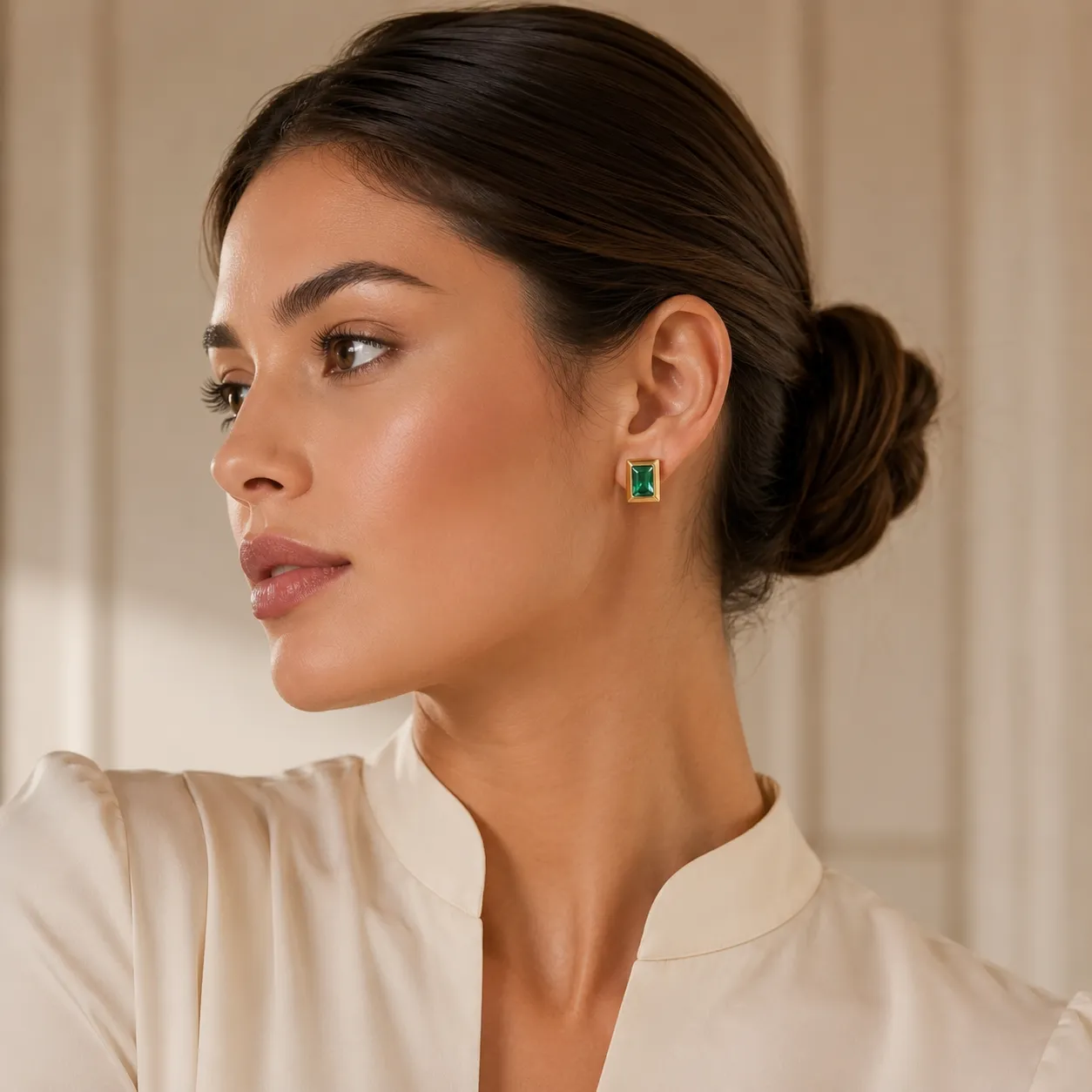 Brinco retangular com moldura dourada com cristal verde banhado a ouro 18k